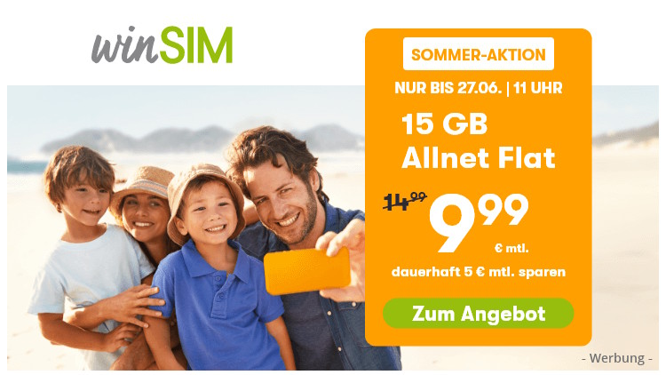 Allnet Flat mit 15 GB für 9,99 Euro (Bild: winsim.de) winSIM: Allnet Flat mit 15 GB für 9,99 Euro
