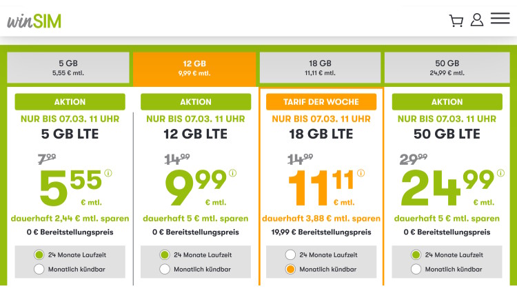 LTE All Tarif mit 18 GB für 11,11 Euro (Screenshot: winsim.de) winSIM: LTE All Tarif mit 18 GB für 11,11 Euro