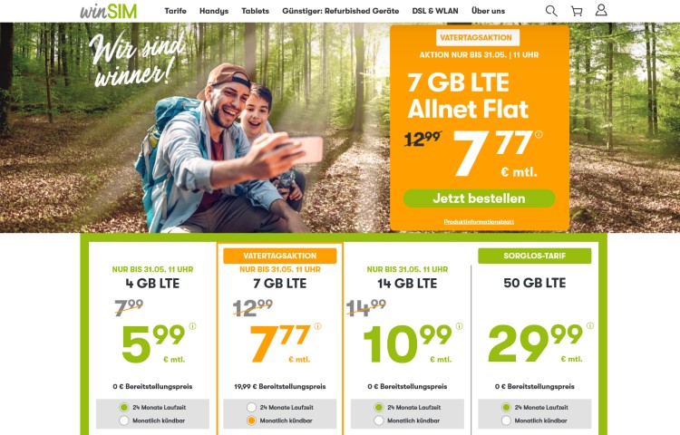 LTE-Vertrag mit 7 GB für 7,77 Euro monatlich (Screenshot: winSIM) LTE-Vertrag mit 7 GB für 7,77 Euro monatlich – Aktionstarif von winSIM