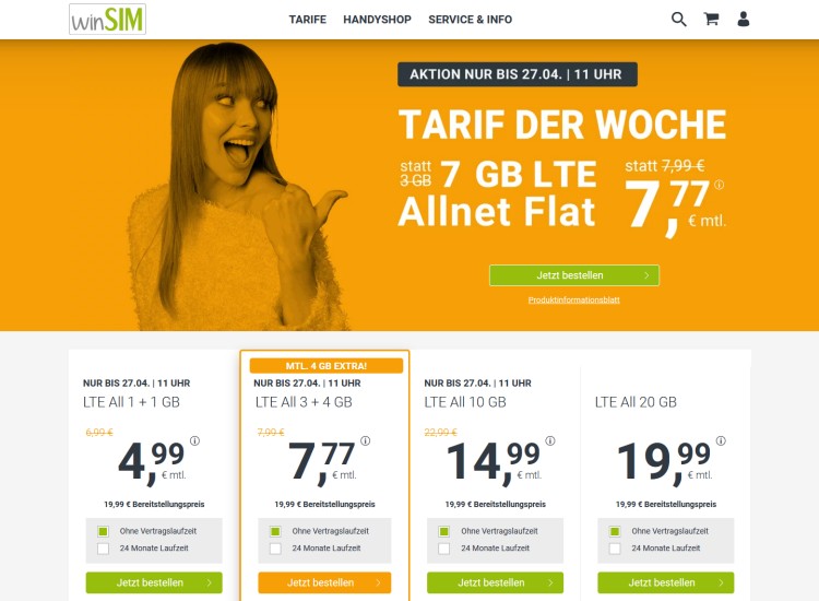 winSIM bietet 7 GB für 7,77 Euro monatlich an