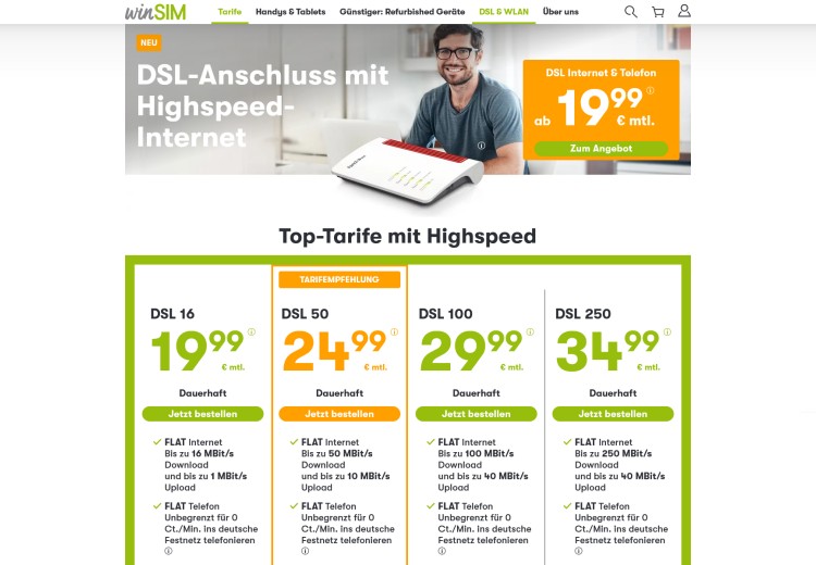 winSIM DSL Anschlüsse ab 19,99 Euro monatlich