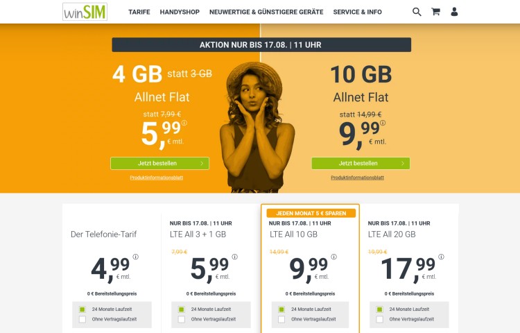 winSIM: Allnet-Flat mit 10 GB LTE Datenvolumen für 9,99 Euro