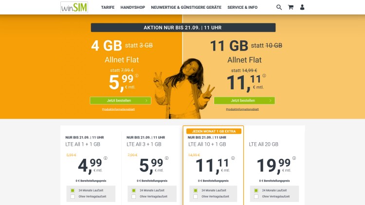 winSIM: 11 GB Datenvolumen für 11,11 Euro